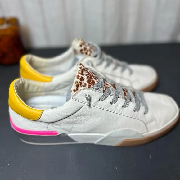 Dolce Vita - Leather Sneakers White with Leopard, Pink, and Yellow Accents - Picture 4 of 9